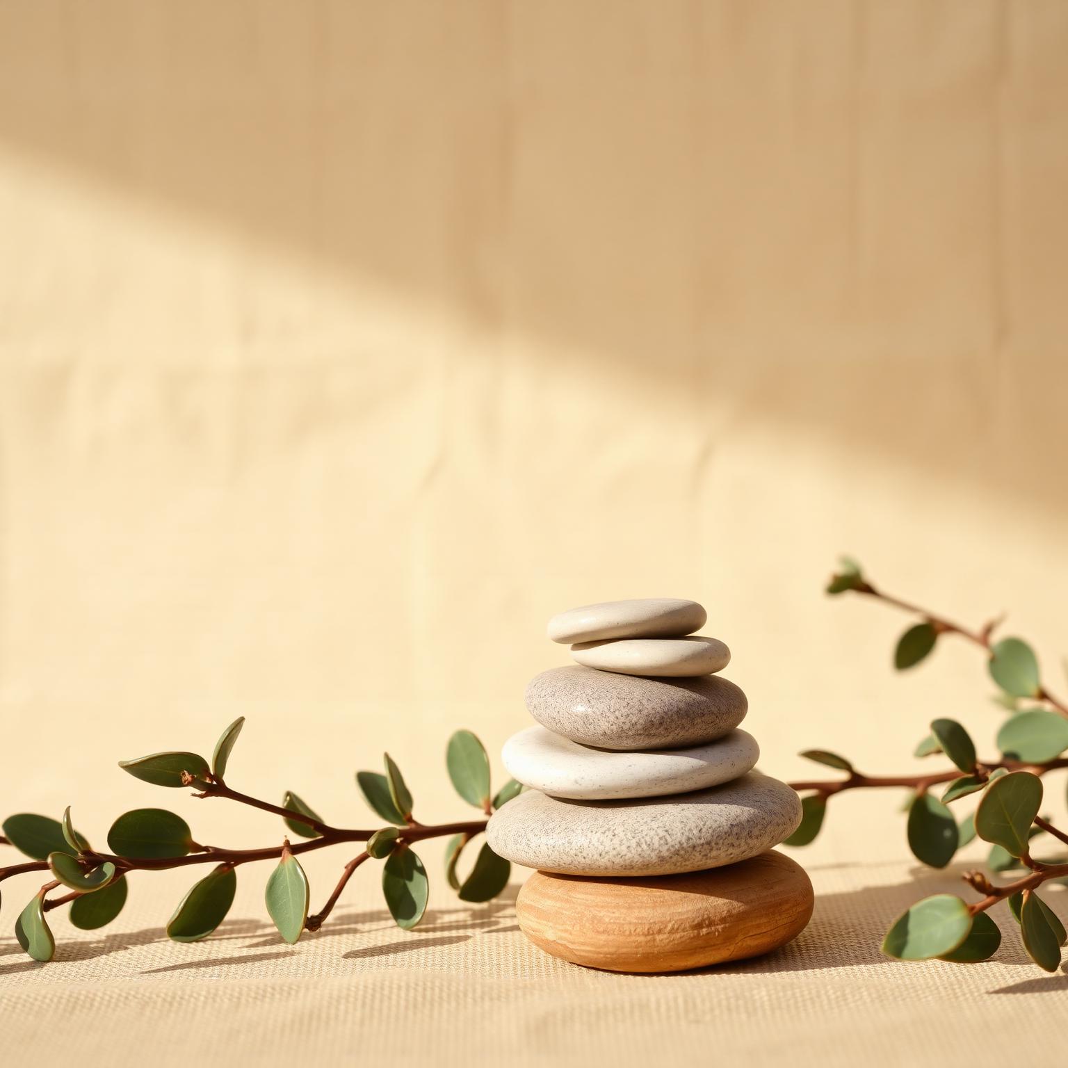 Zen stones and eucalyptus, a symbol of Natural Touch wellness